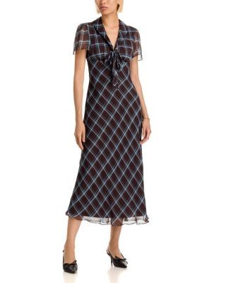 Aqua Plaid Tie Neck Short Sleeve Midi Dress - Exclusive