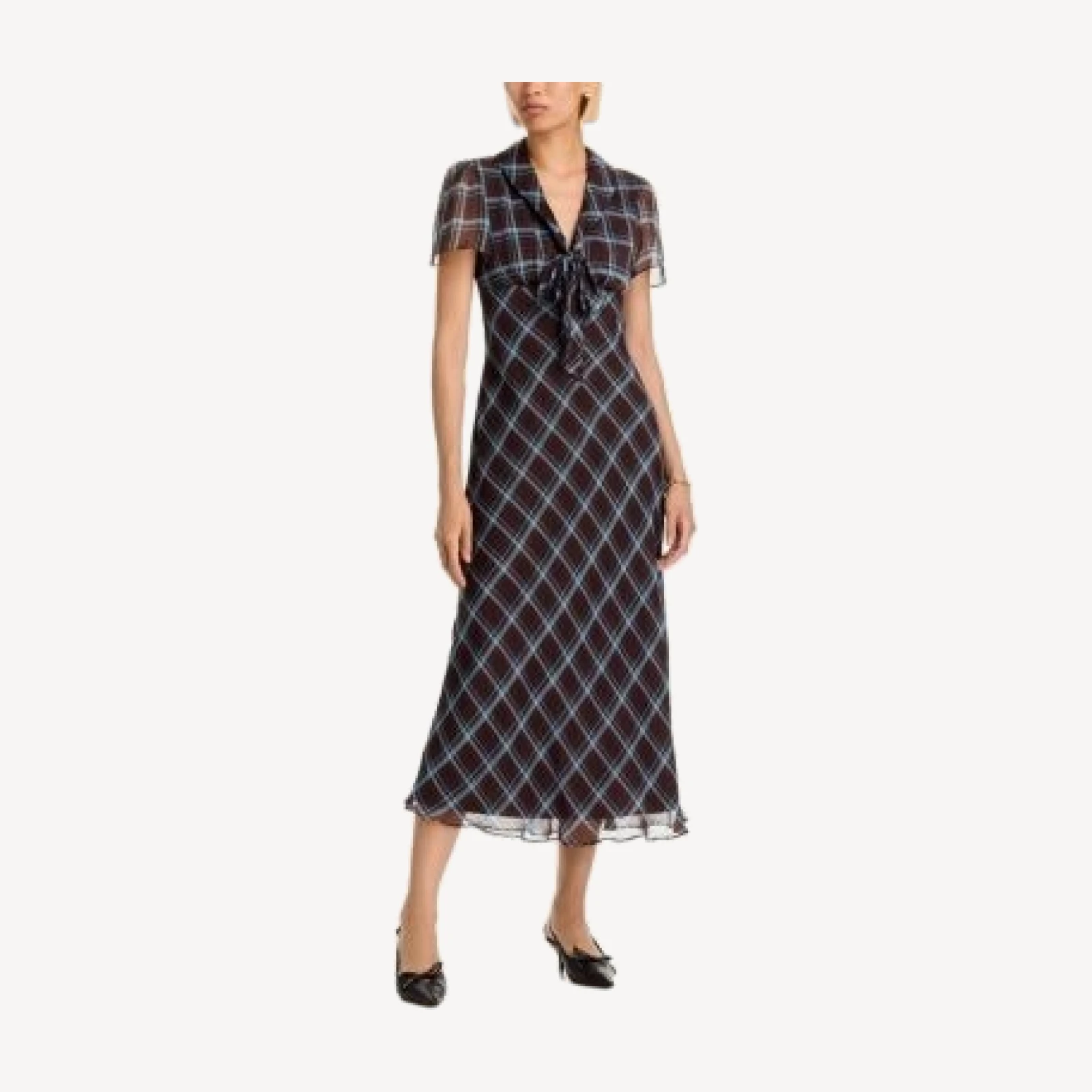 Aqua Plaid Tie Neck Short Sleeve Midi Dress - Exclusive