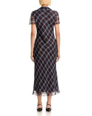 Aqua Plaid Tie Neck Short Sleeve Midi Dress - Exclusive