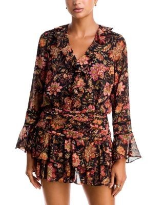 Aqua Floral Print Ruffled Long Sleeve Top - Exclusive