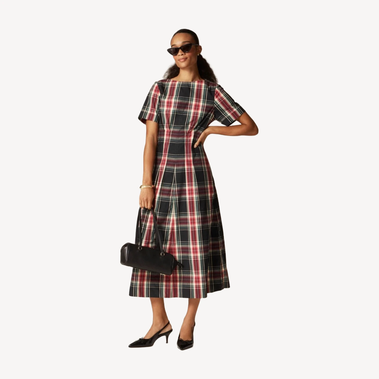 Short-sleeve midi dress in tartan cotton blend