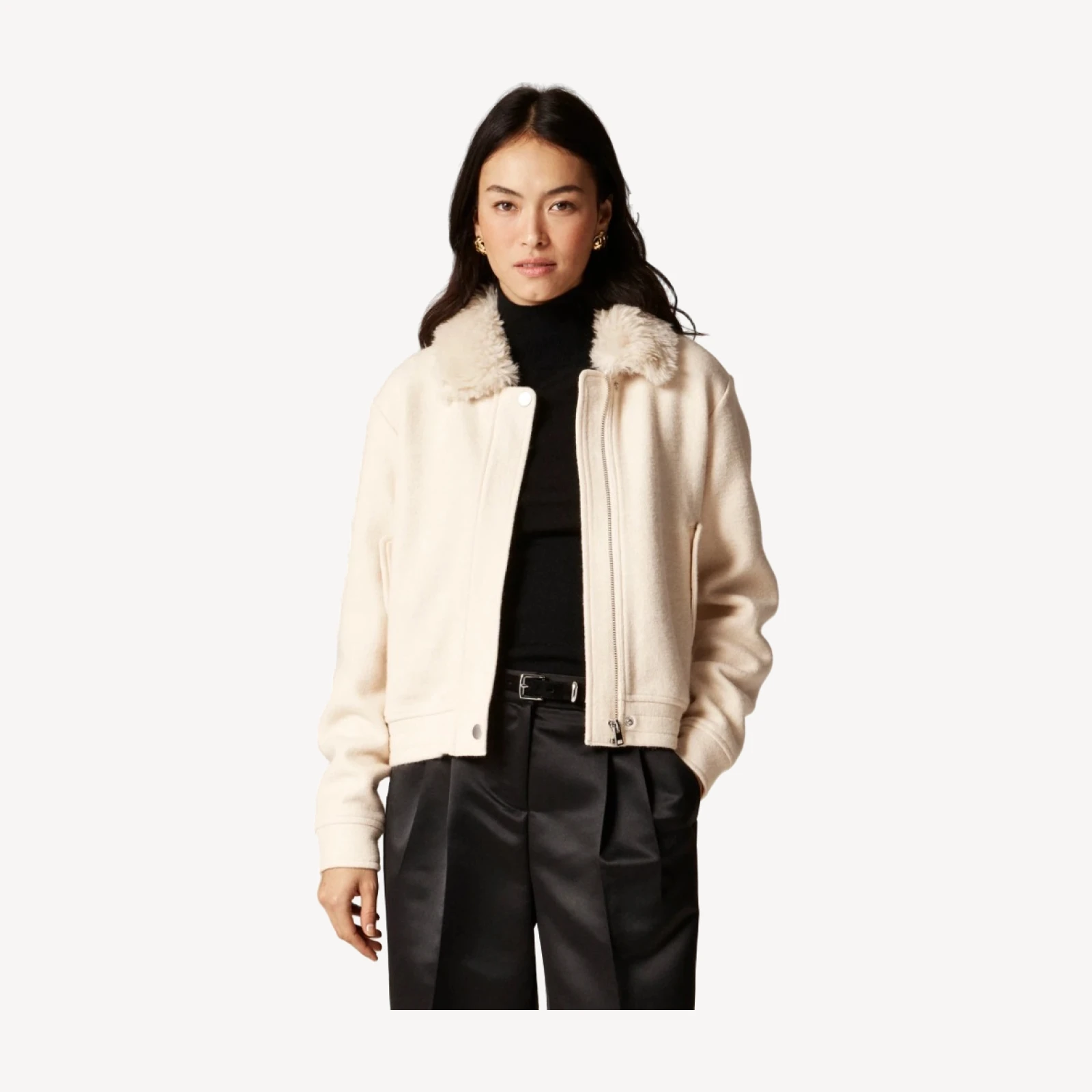 Wool-blend flight jacket with faux-fur collar