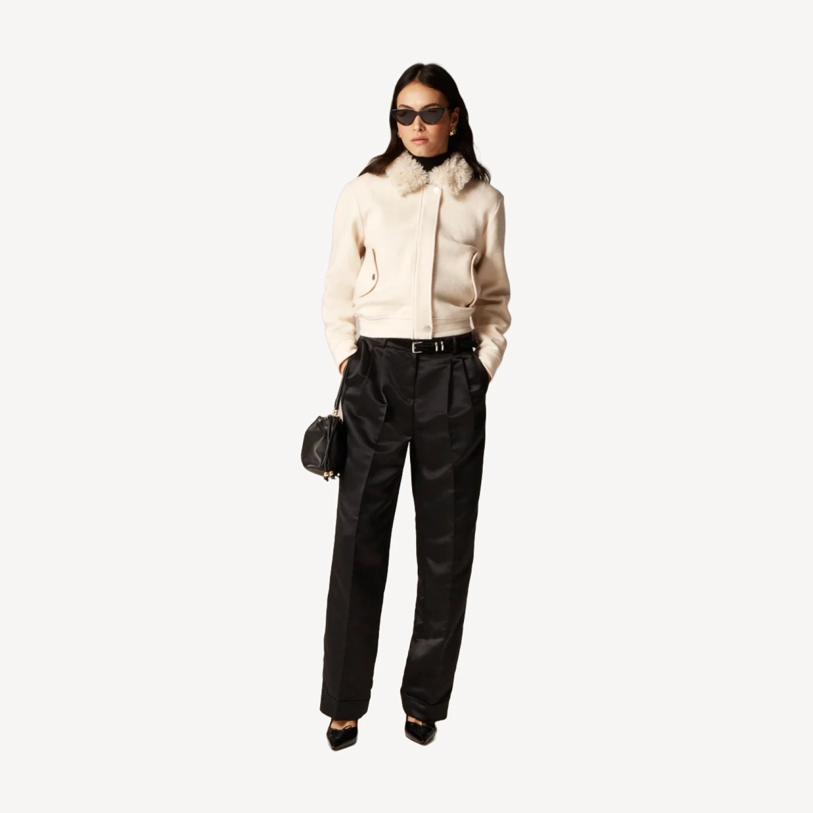Wool-blend flight jacket with faux-fur collar