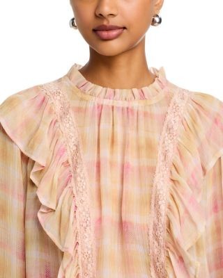 Aqua Plaid Ruffle Lace Inset Top - Exclusive