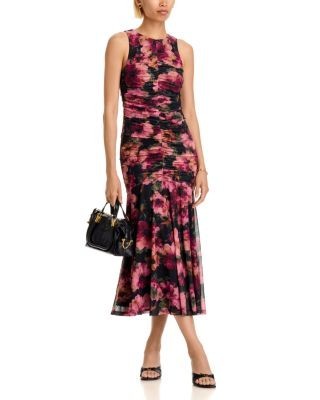 Aqua Floral Bloom Mesh Ruched Sleeveless Dress - Exclusive