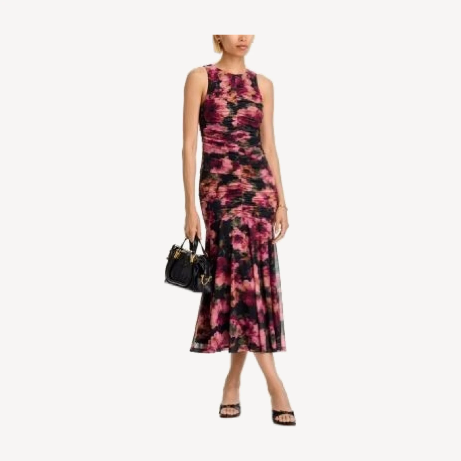 Aqua Floral Bloom Mesh Ruched Sleeveless Dress - Exclusive