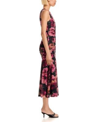Aqua Floral Bloom Mesh Ruched Sleeveless Dress - Exclusive