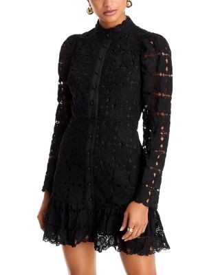 Aqua Floral Lace Mock Neck Long Sleeve Mini Dress - Exclusive