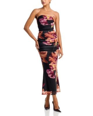 Aqua Placed Floral Mesh Strapless Iris Print Maxi Dress - Exclusive