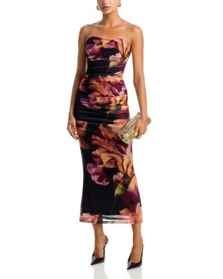 Aqua Placed Floral Mesh Strapless Iris Print Maxi Dress - Exclusive