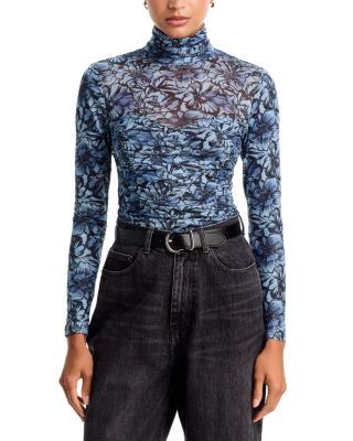 Aqua Floral Bloom Mock Neck Mesh Top - Exclusive