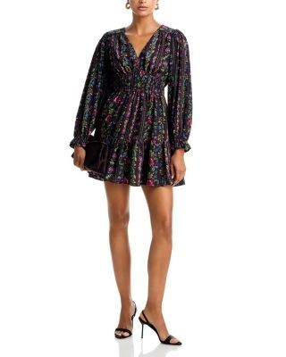 Aqua Floral Stripe V Neck Smocked Mini Dress - Exclusive