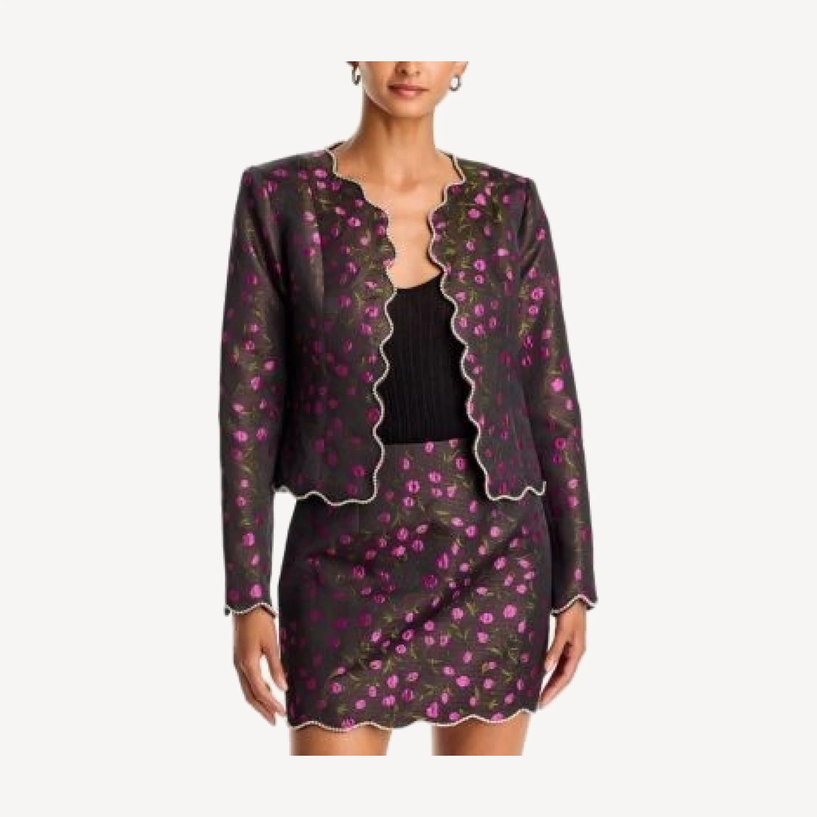 Aqua Floral Brocade Crystal Scallop Trim Jacket - Exclusive