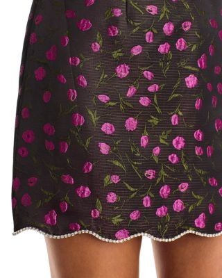 Aqua Floral Brocade Crystal Scallop Trim Mini Skirt - Exclusive