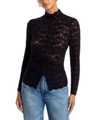 Aqua Long Sleeve Lace Flocked Mock Neck Top - Exclusive