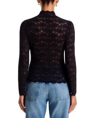 Aqua Long Sleeve Lace Flocked Mock Neck Top - Exclusive