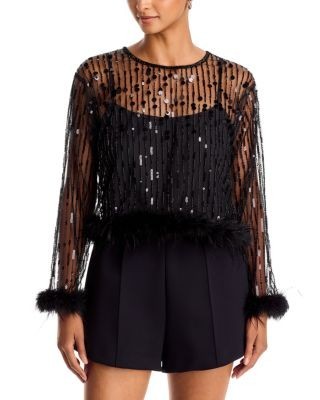 Aqua Sequin & Feather Trim Long Sleeve Top - Exclusive
