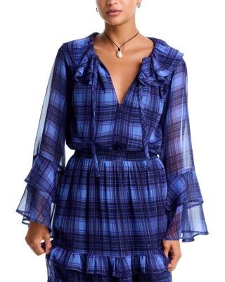 Aqua Plaid Ruffled Tie Neck Blouse - Exclusive