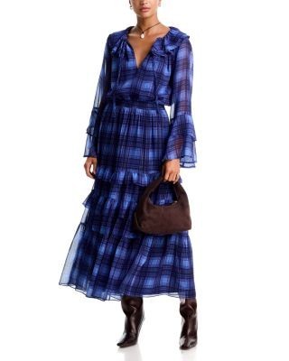 Aqua Plaid Ruffled Tiered Maxi Skirt - Exclusive