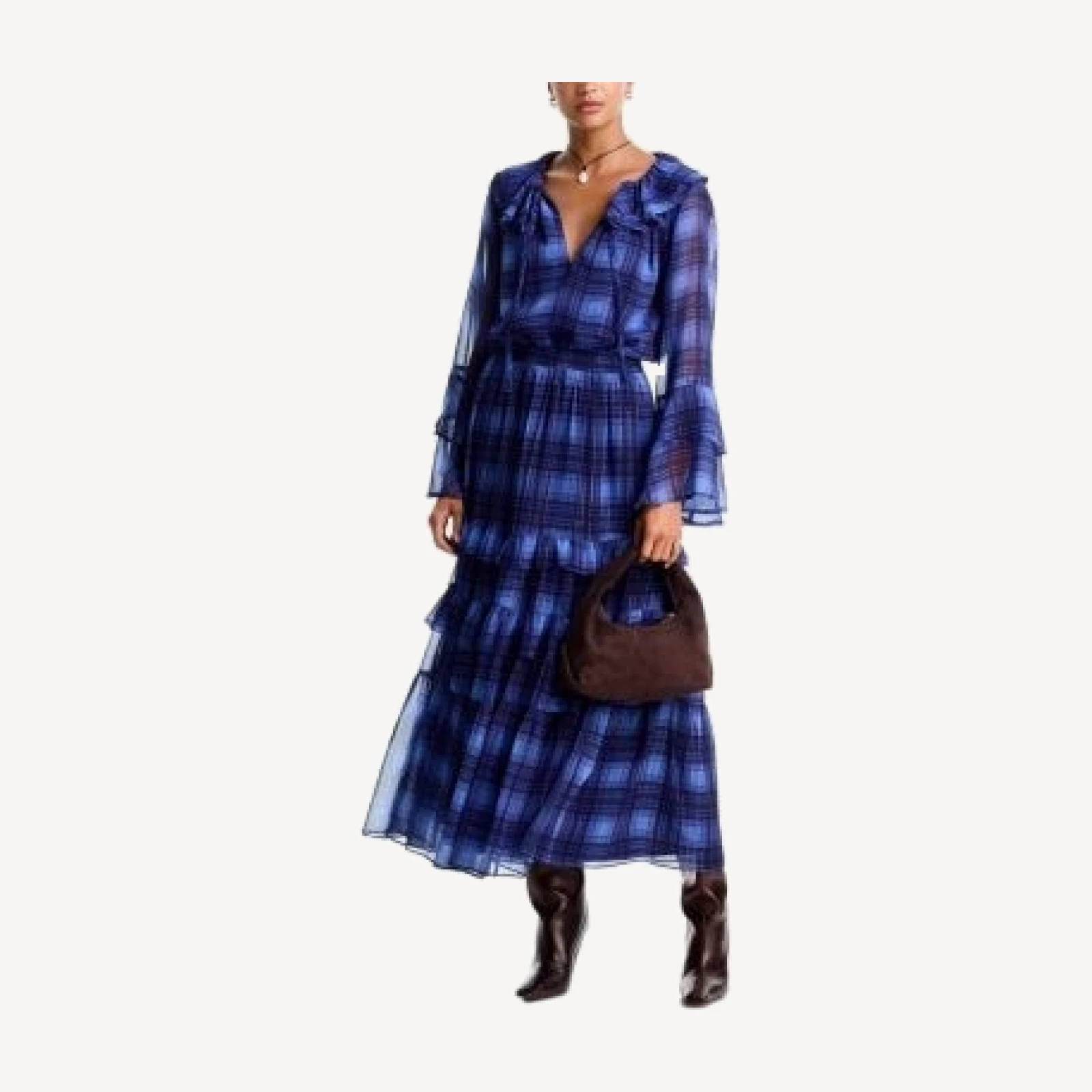 Aqua Plaid Ruffled Tiered Maxi Skirt - Exclusive
