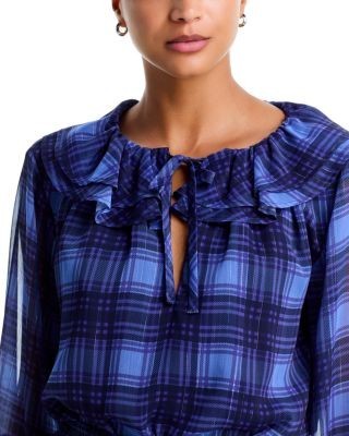 Aqua Plaid Ruffled Tie Neck Blouse - Exclusive