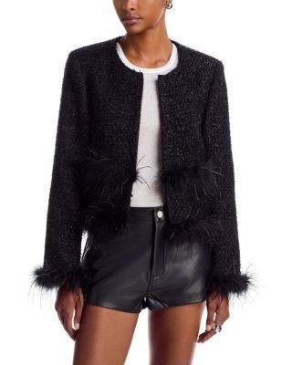 Aqua Sequinned Tweed Feather Trim Jacket - Exclusive