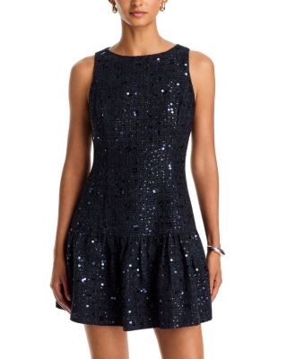 Aqua Sequin Tweed Drop Waist Mini Dress - Exclusive