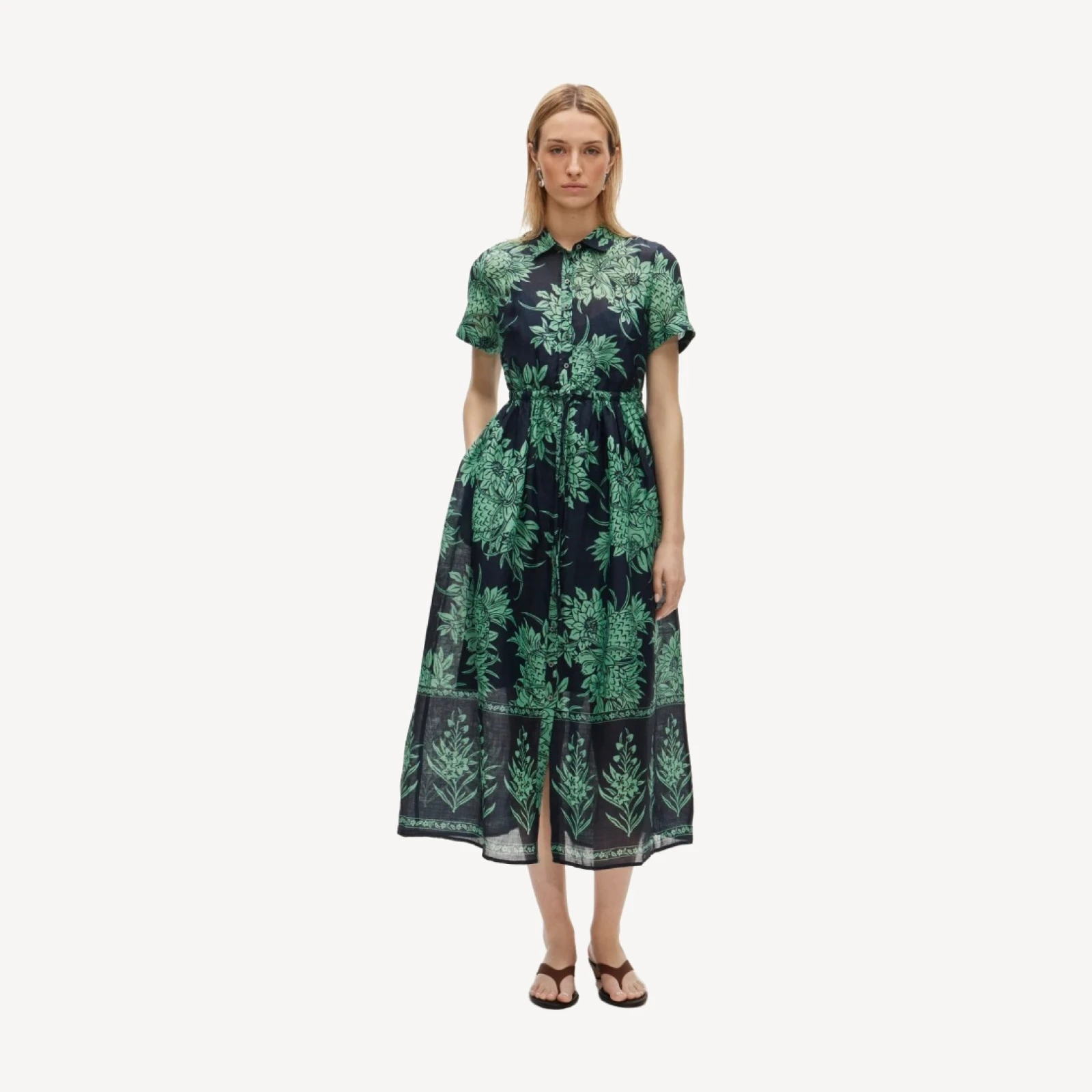 Cerise shirt-dress in pineapple garden-print ramie