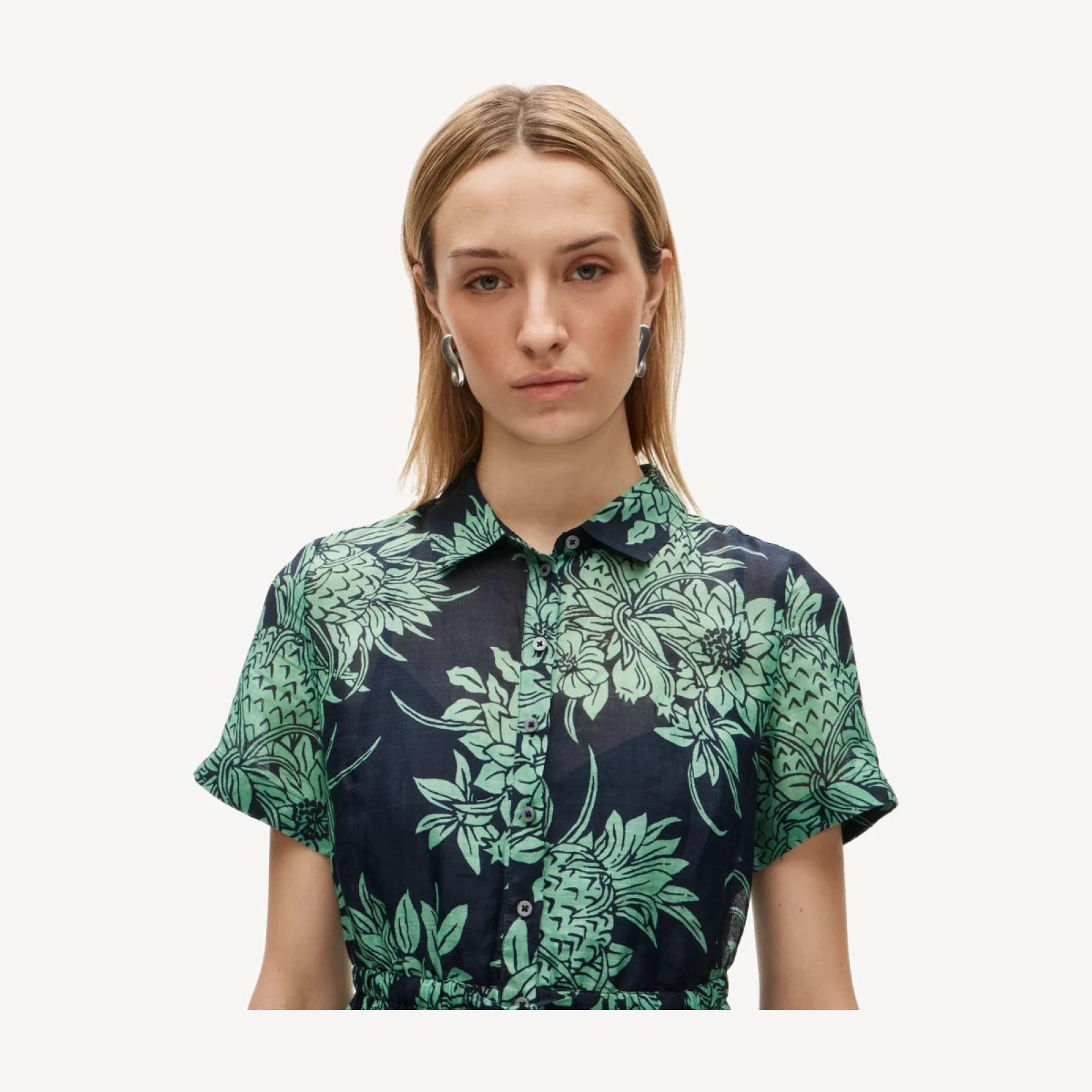 Cerise shirt-dress in pineapple garden-print ramie