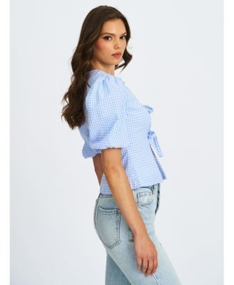Miss Circle Qusaylaa Gingham Bubble Sleeve Bowtie Top