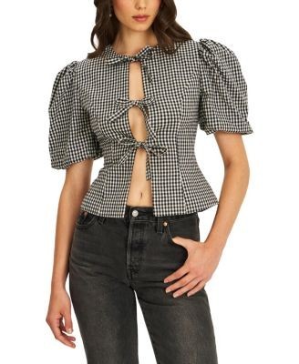 Miss Circle Qusayla Gingham Bubble Sleeve Bowtie Top