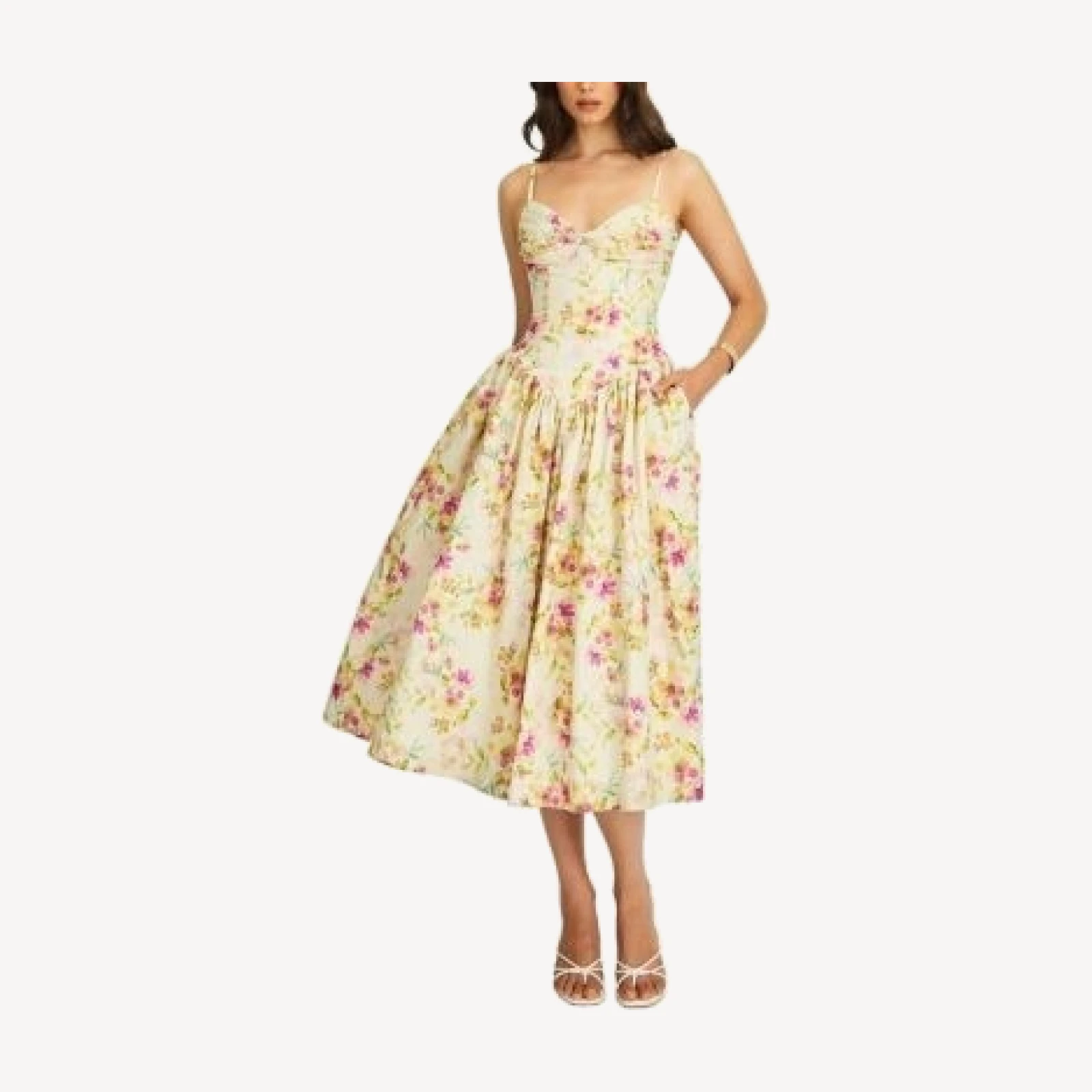 Miss Circle Jacinde Drop Waist Floral Print Linen Midi Dress