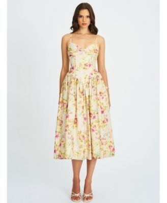 Miss Circle Jacinde Drop Waist Floral Print Linen Midi Dress