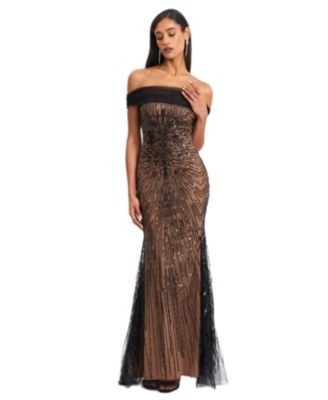 Miss Circle Qeturah Embroidered Sequin Off Shoulder Mesh Gown