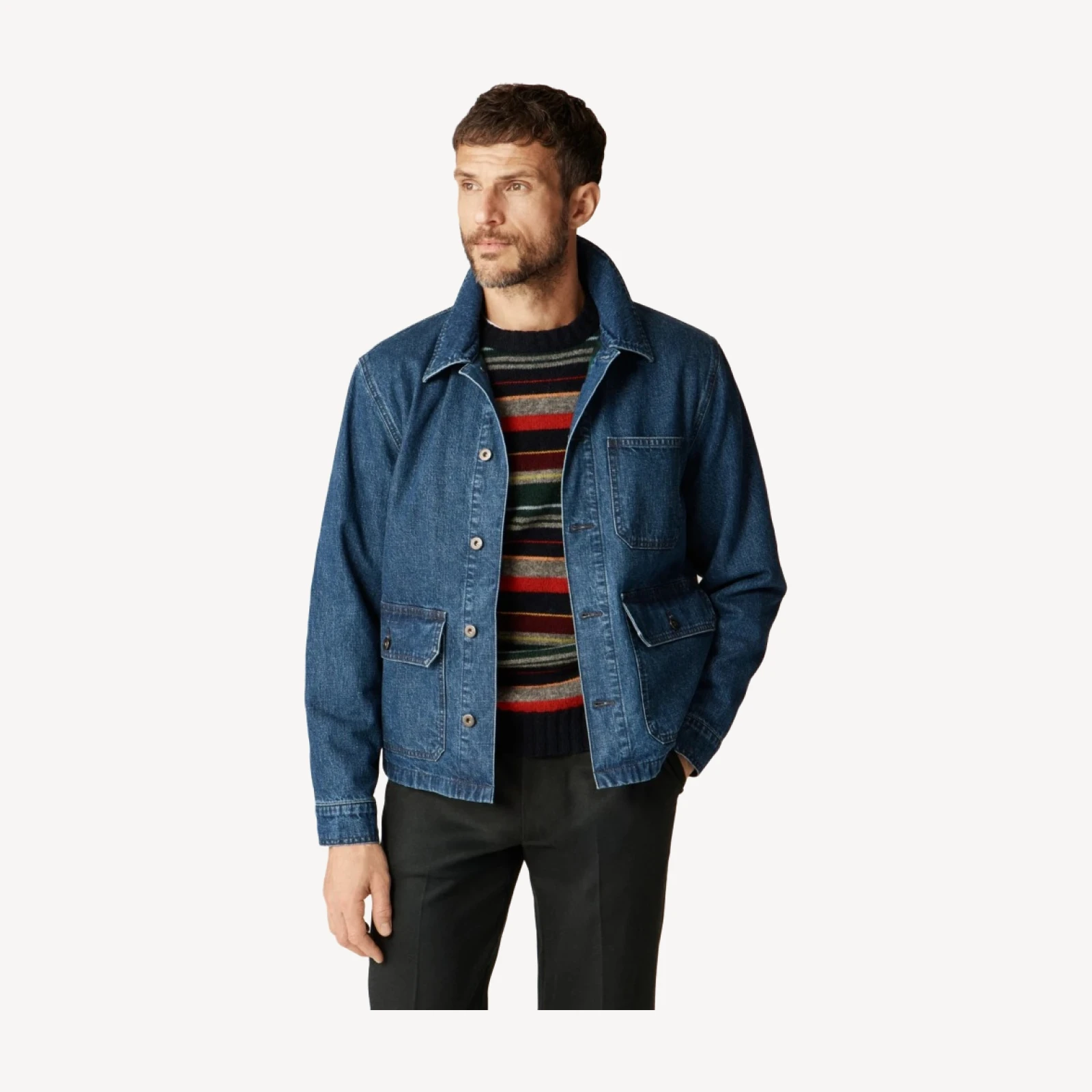 Patch-pocket denim jacket with flannel lining