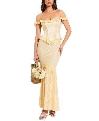 Miss Circle Ersilia Satin Lace Peplum Corset Off Shoulder Maxi Dress