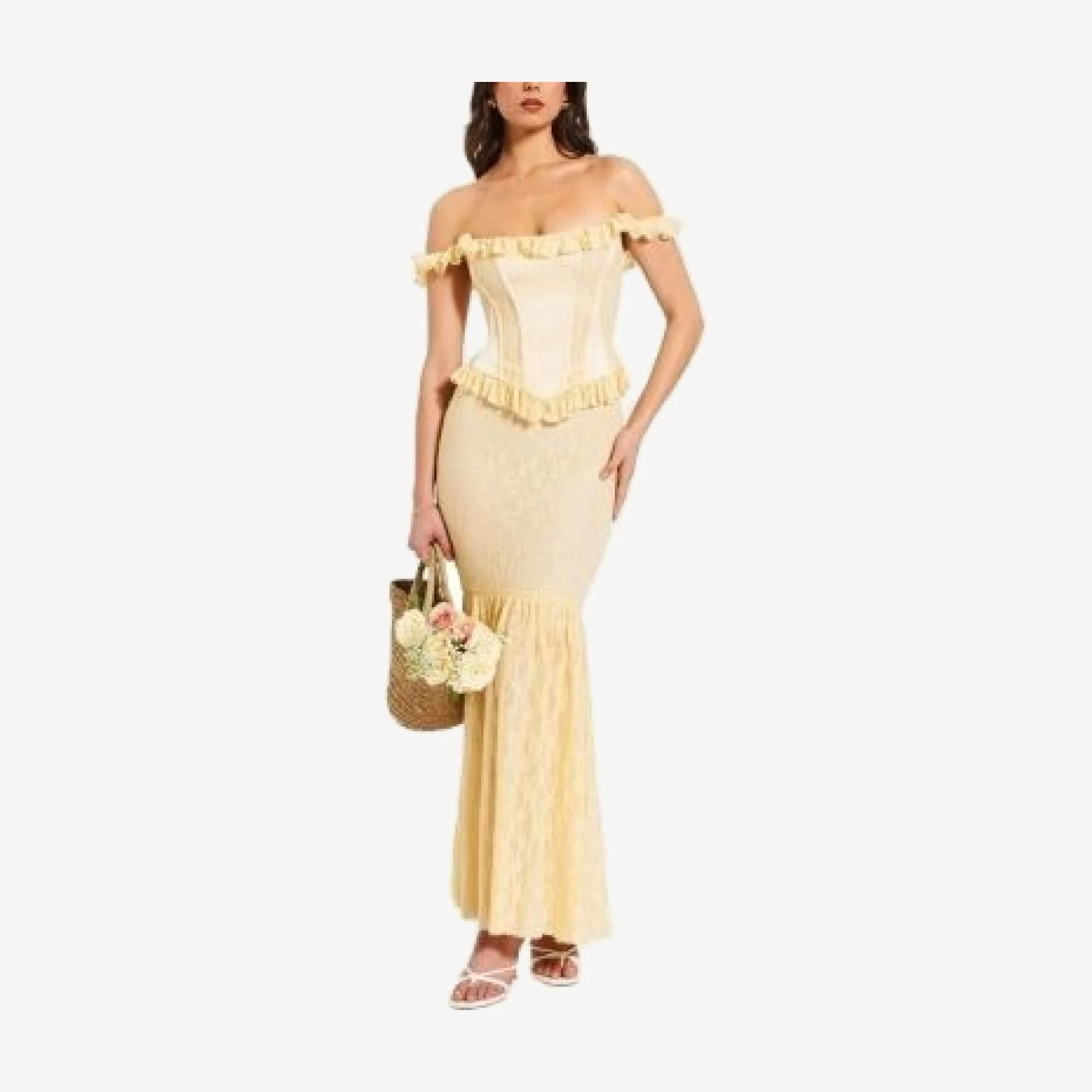 Miss Circle Ersilia Satin Lace Peplum Corset Off Shoulder Maxi Dress