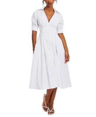 Miss Circle Palina Pinstripes Cotton Poplin Pleated Midi Preppy Shirt Dress