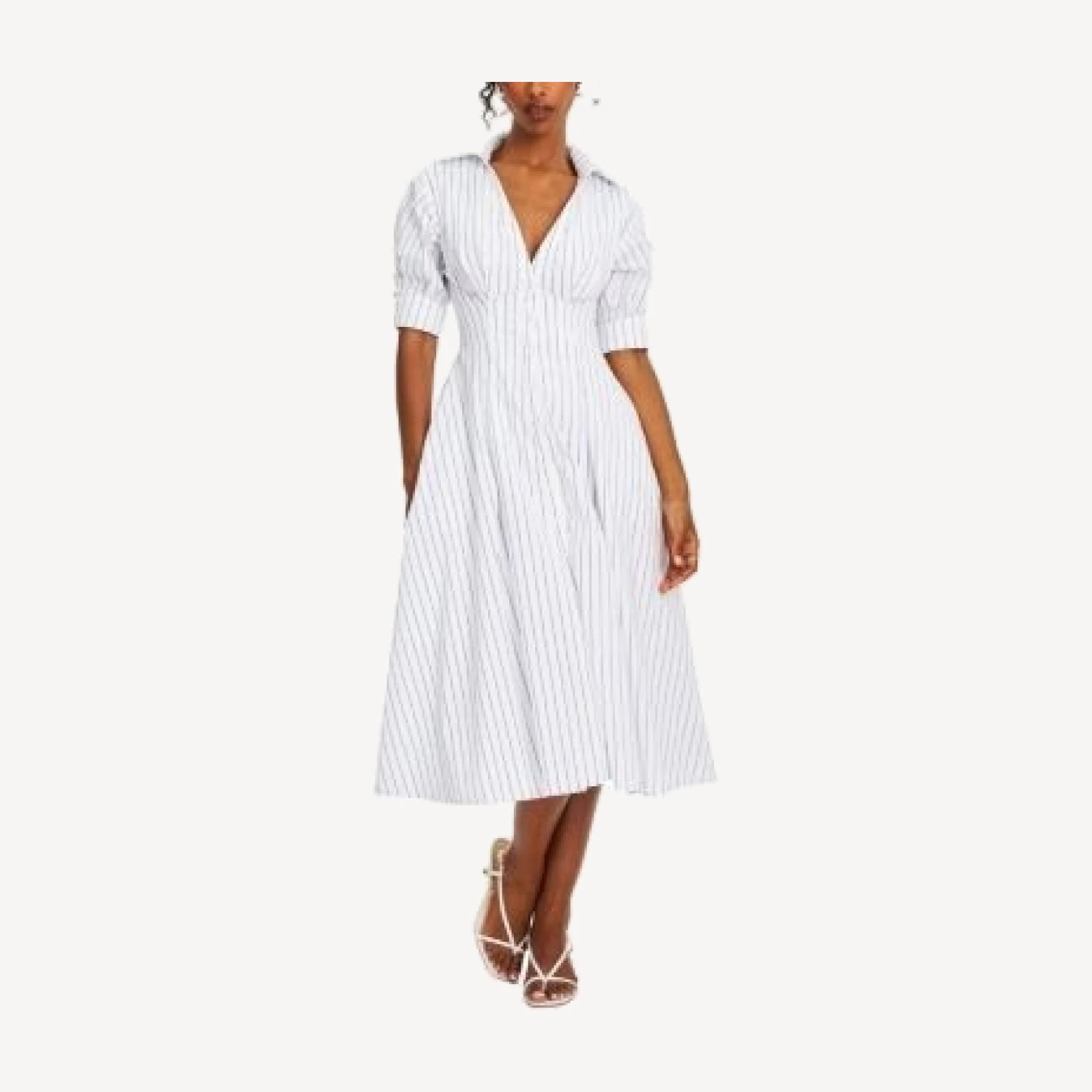 Miss Circle Palina Pinstripes Cotton Poplin Pleated Midi Preppy Shirt Dress