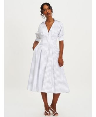 Miss Circle Palina Pinstripes Cotton Poplin Pleated Midi Preppy Shirt Dress