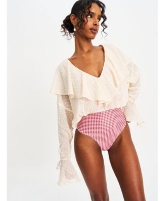 Miss Circle Magali Dotted Mesh Ruffle V Collar Top