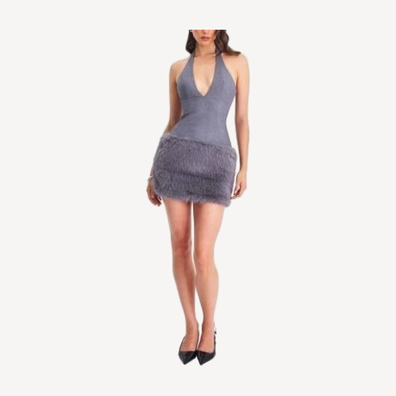 Miss Circle Daisy Drop Waist Fur Trim Halter Mini Dress