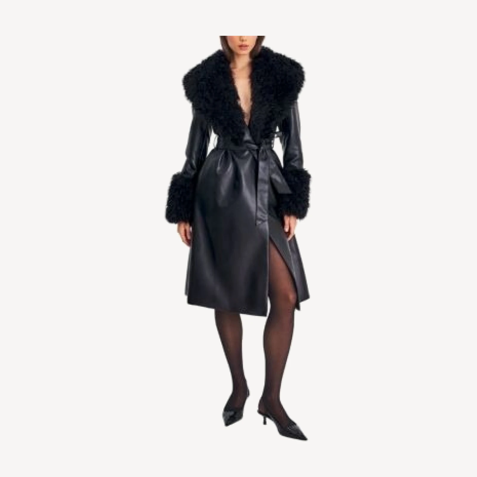 Miss Circle Zariah Faux Fur Trimmed Longline Faux Leather Coat