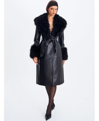 Miss Circle Zariah Faux Fur Trimmed Longline Faux Leather Coat