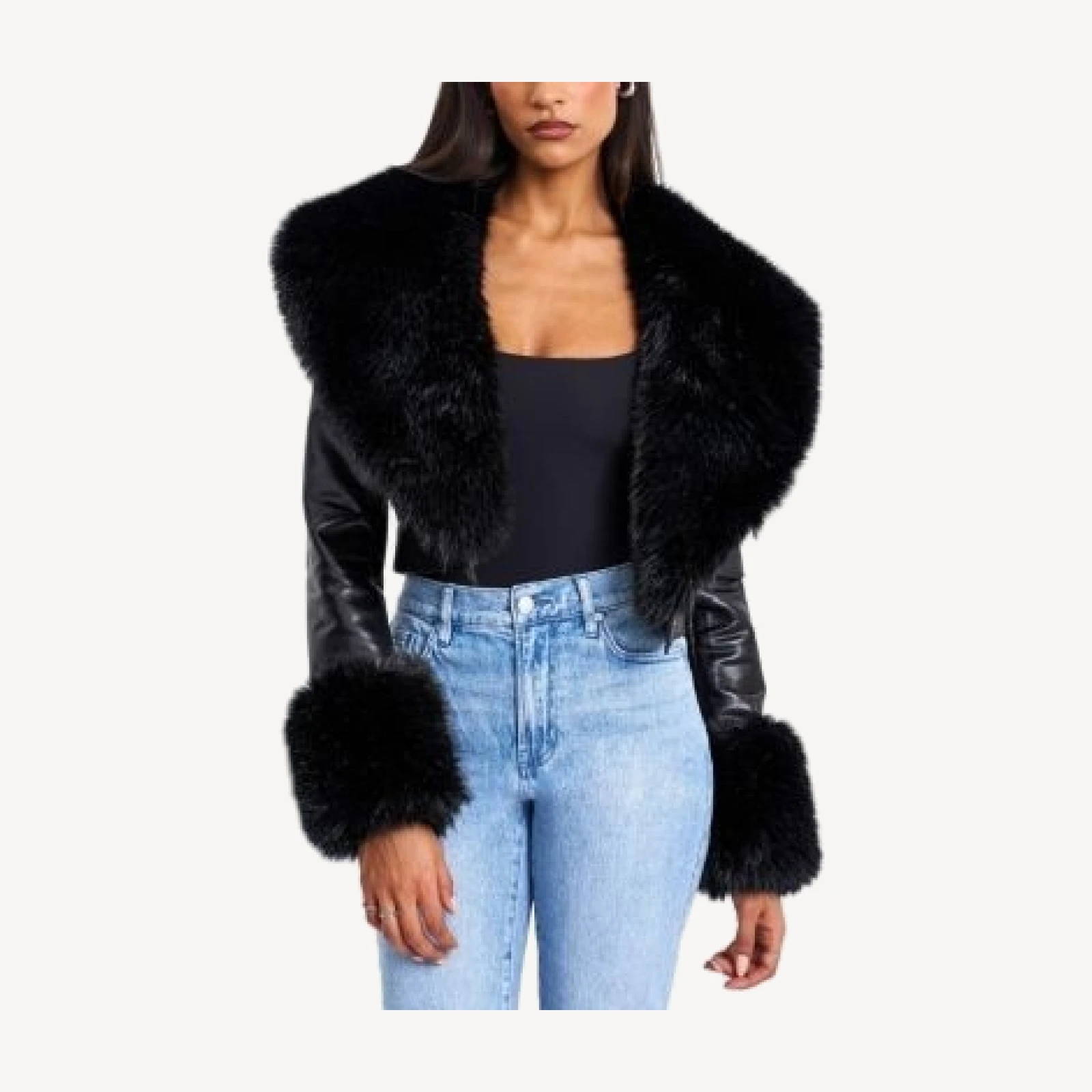 Miss Circle Ziah Cropped Faux Leather Jacket with Fur Collar