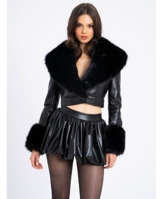 Miss Circle Ziah Cropped Faux Leather Jacket with Fur Collar
