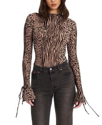 Miss Circle Ibera Animal Print Burnout Velvet Long Sleeve Bodysuit