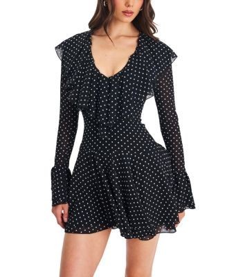 Miss Circle Omari Chiffon Polka Dot Ruffled Neckline Mini Dress