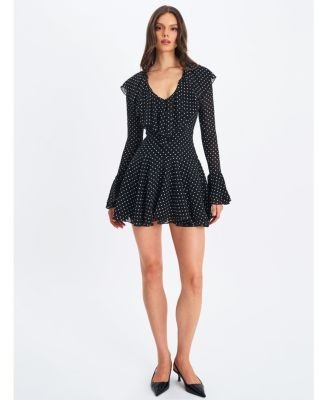 Miss Circle Omari Chiffon Polka Dot Ruffled Neckline Mini Dress