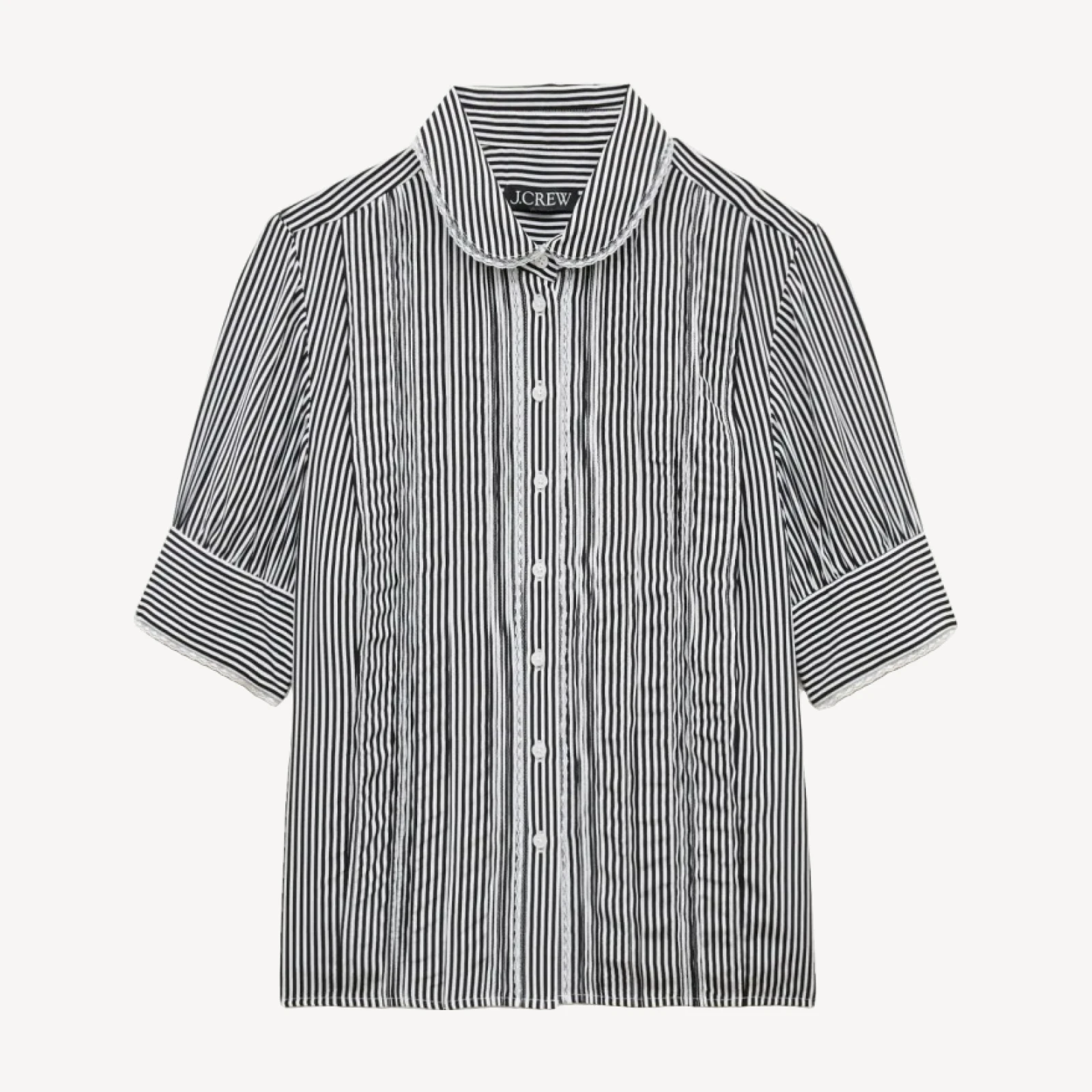 Lace-trim button-up top in striped crepe de chine